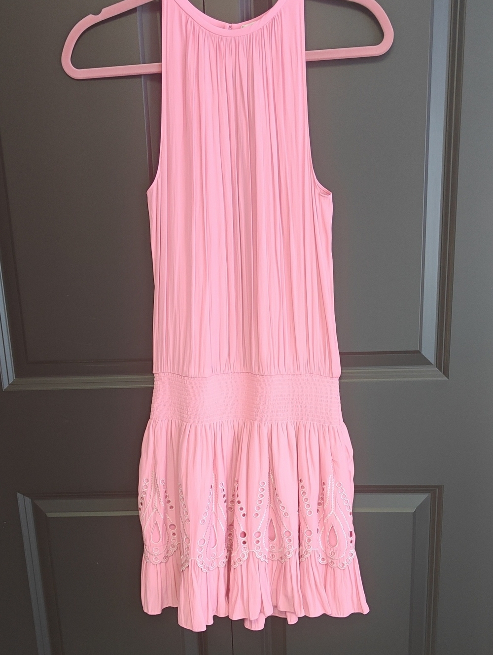 Ramy Brook Bright Pink Sleeveless Pleated Dress with Eyelet Hem